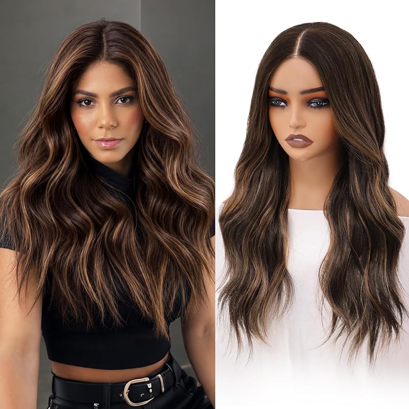 Brown with Highlights Wigs for Women, 22 Inch Wavy Synthetic Wig
