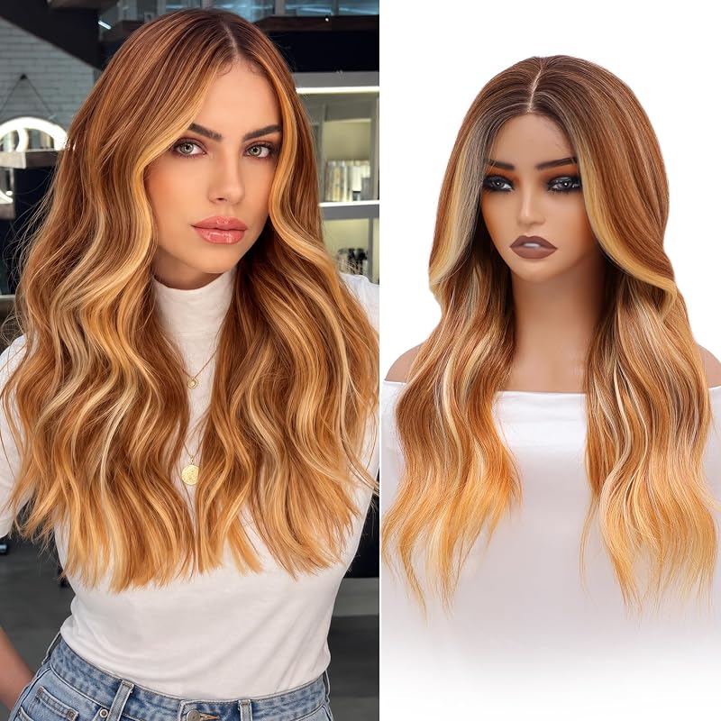 Beige Blonde Highlights Wigs for Women, 22 Inch Wavy Synthetic Wig