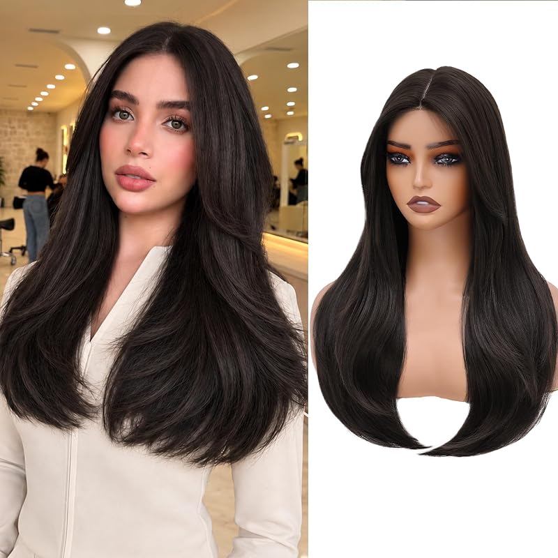 WECAN 24 Inch Brown Layered Wig for Women 4x4 Realistic Scalp Free Parting