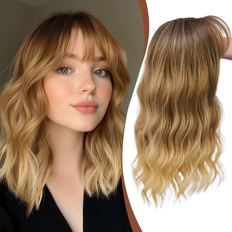 Hair Topper with Bangs 16 Inch Russet Auburn Wavy Hairpiece 6.5x6.5 Base