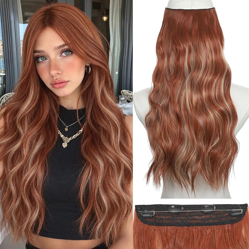 Halo Hair Extensions 20 Inch Ginger Mix Blonde Wavy Invisible Wire 4 Clips