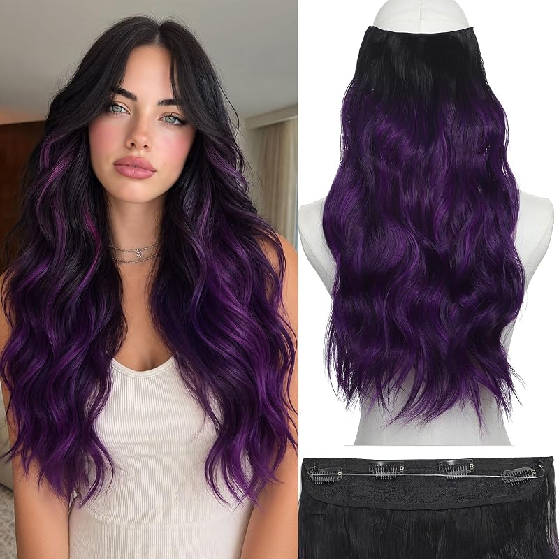 Halo Hair Extensions 20 Inch Black to Purple Wavy Invisible Wire 4 Clips