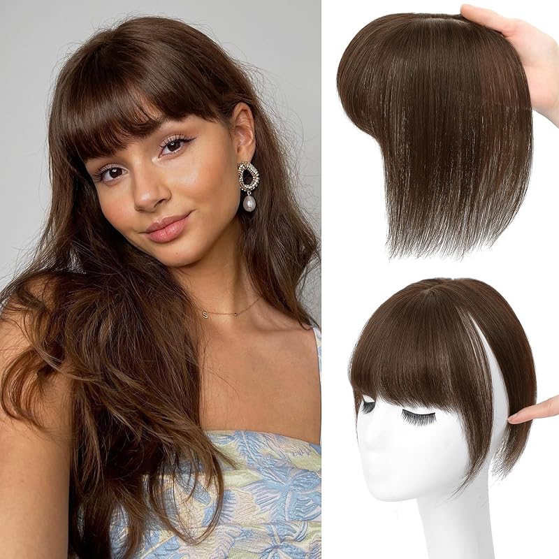 Clip in Bangs, Real Human Hair Topper with Bangs For Women (Dark Brown)