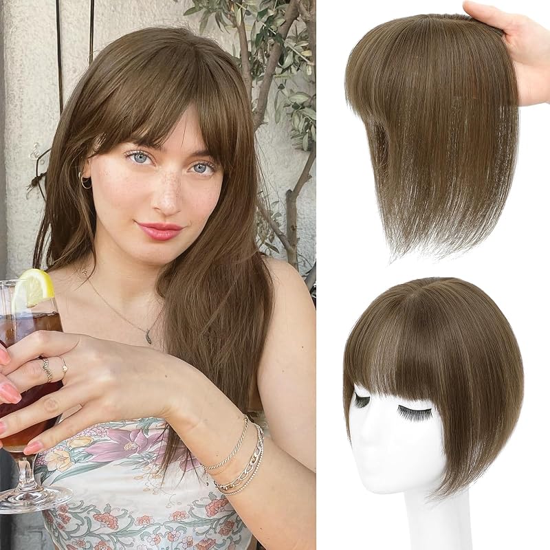 Clip in Bangs, Real Human Hair Topper with Bangs For Women (Brown)