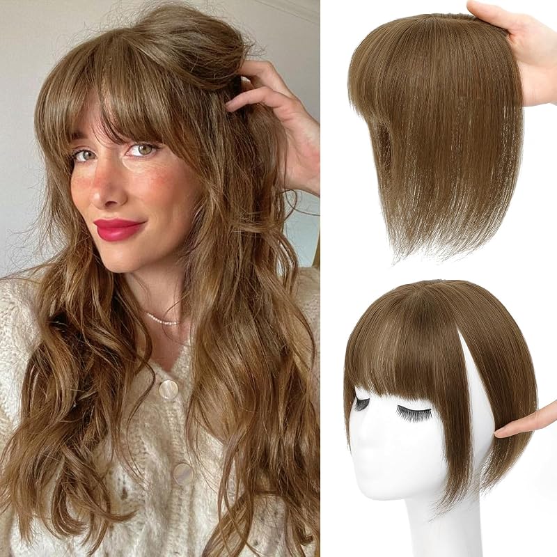 Clip in Bangs, Real Human Hair Topper with Bangs For Women (Medium Brown)