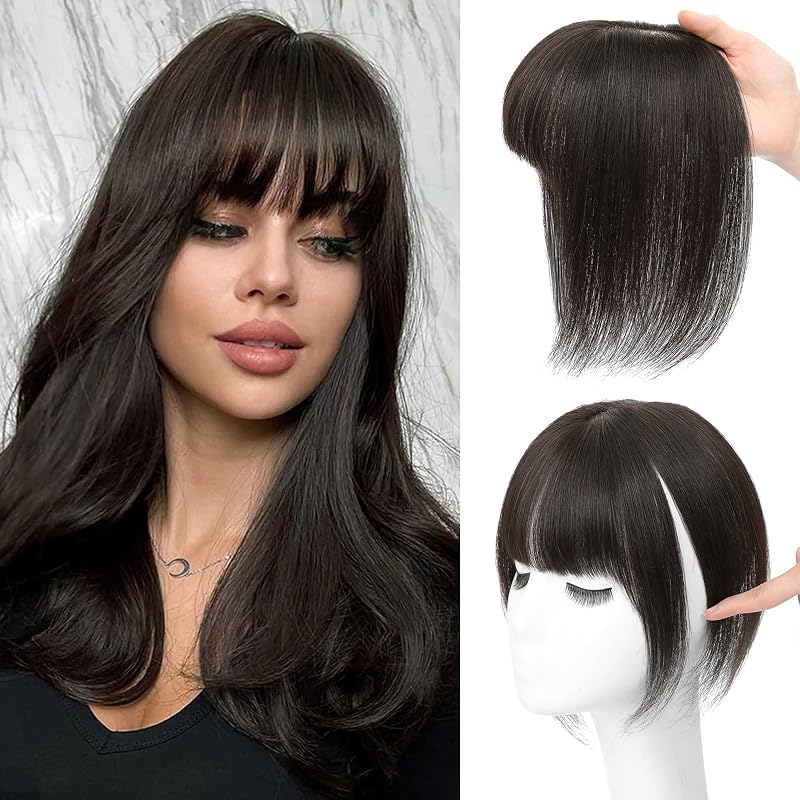 Clip in Bangs, Real Human Hair Topper with Bangs For Women (Brown Black)