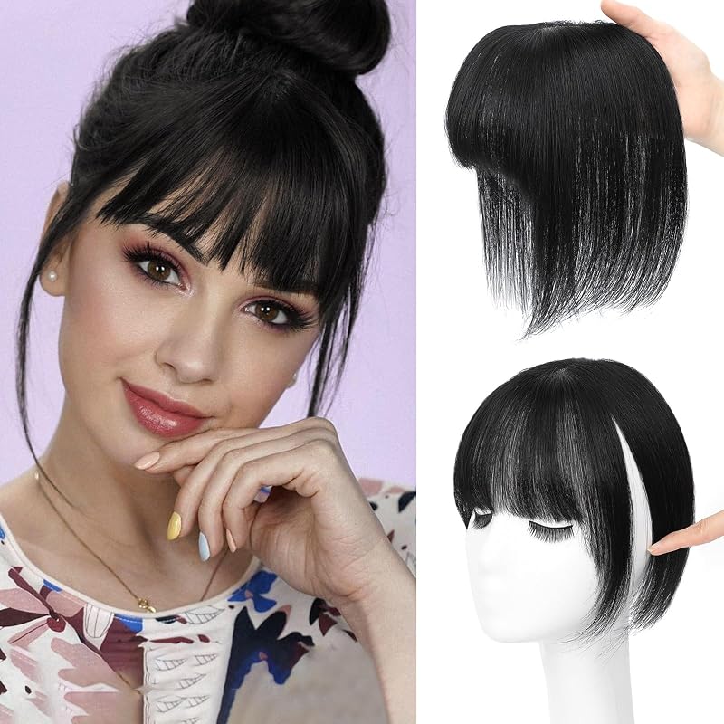 Clip in Bangs, Real Human Hair Topper with Bangs For Women (Natural Black)
