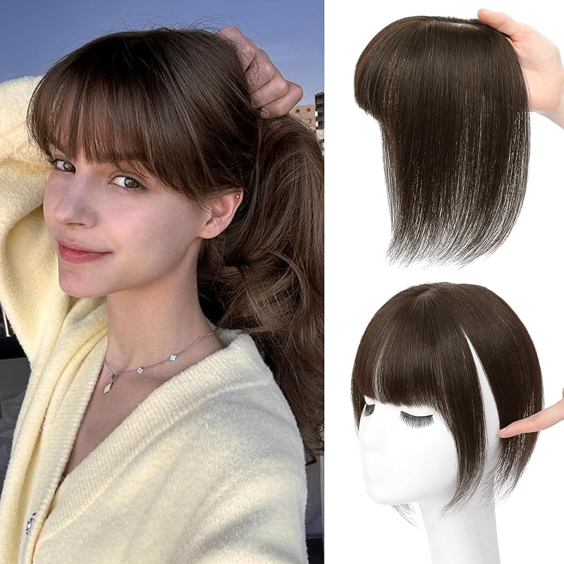 Clip in Bangs, Real Human Hair Topper with Bangs For Women (Darkest Brown)
