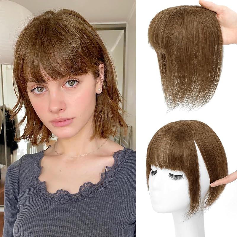 Clip in Bangs, Real Human Hair Topper with Bangs For Women (Light Brown)