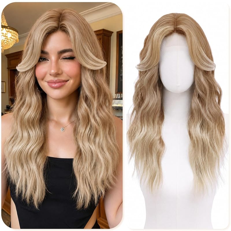 Linen Gradient Wigs for Women 22 Inch Middle Part Wavy Synthetic Wig