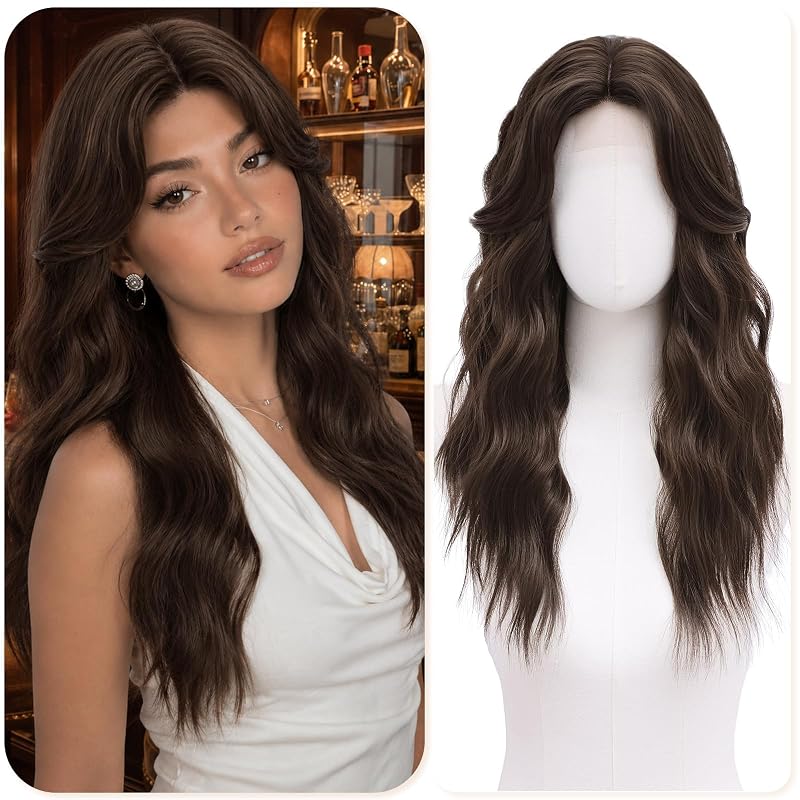 BUPPLER Dark Brown Wigs for Women 22 Inch Middle Part Wavy Synthetic Wig