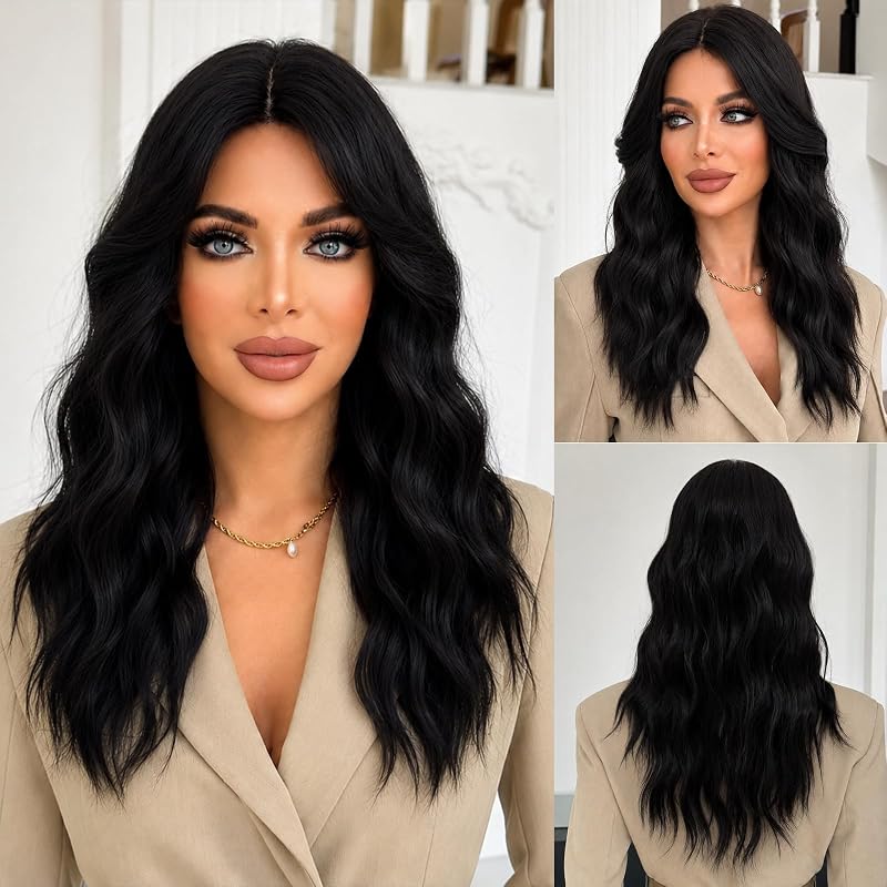 BUPPLER Black Wigs for Women 22 Inch Middle Part Wavy Synthetic Wig