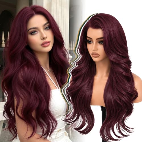 Burgundy Layered Wave 13x4 Synthetic Lace Front Wig for Women 28 Inch