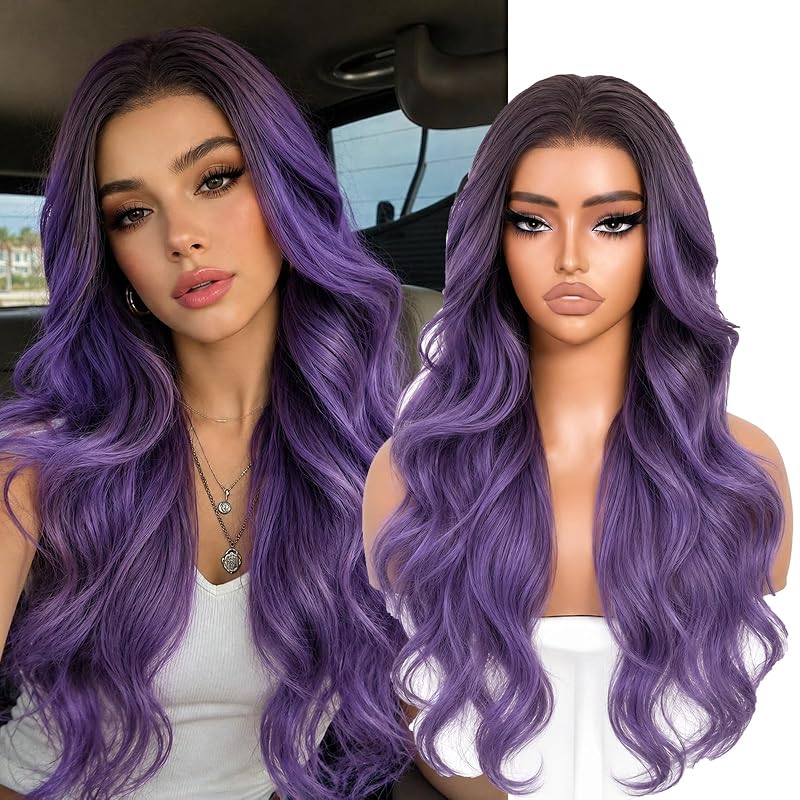 Ombre Purple Layered Wave 13x4 Synthetic Lace Front Wig for Women 28 Inch