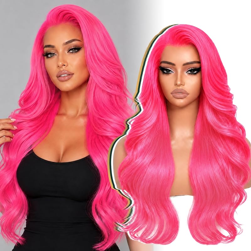 Hot Pink Layered Wave 13x4 Synthetic Lace Front Wig for Women 28 Inch