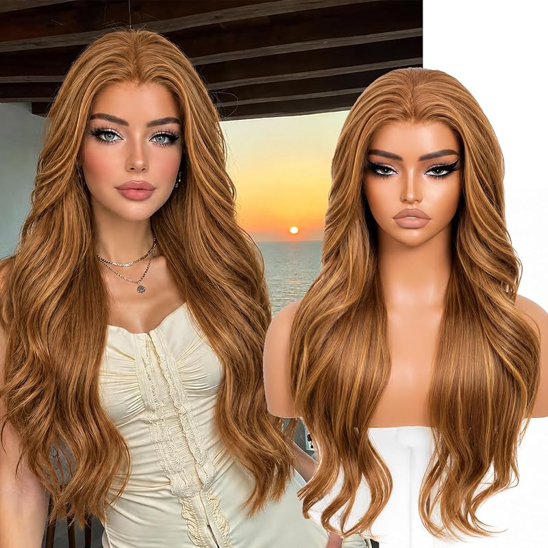 Rooted Caramel Layered Wave 13x4 Synthetic Lace Front Wig for Women 28 Inch