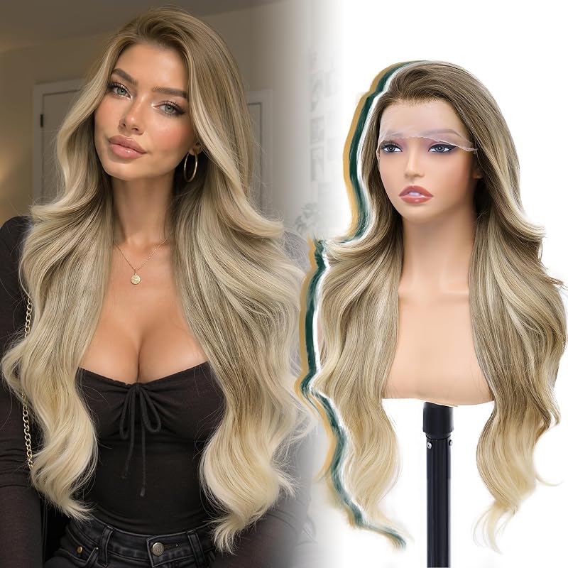 Taupe Blonde Layered Wave 13x4 Synthetic Lace Front Wig for Women 28 Inch