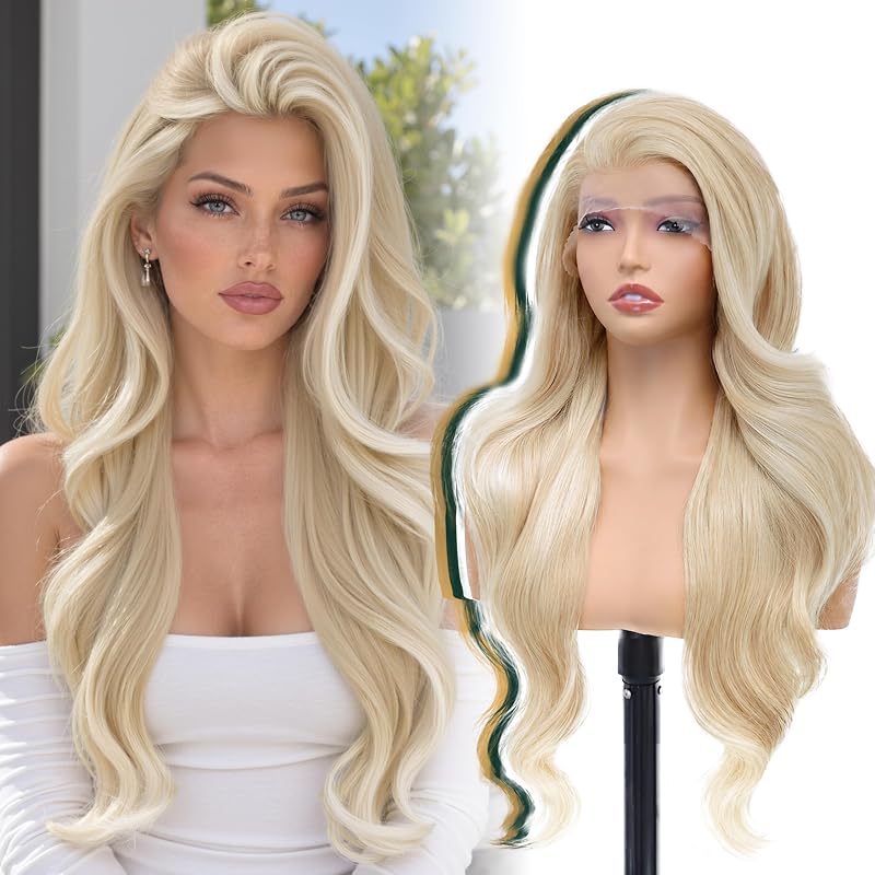 BUPPLER Blonde Layered Wave 13x4 Synthetic Lace Front Wig for Women 28 Inch