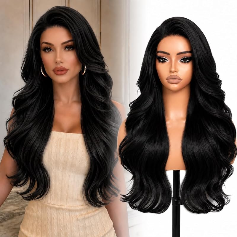 BUPPLER Black Layered Wave 13x4 Synthetic Lace Front Wig for Women 28 Inch