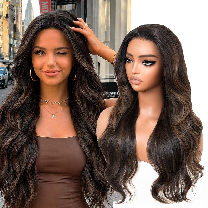 Brown Highlight Layer Wave 13x4 Synthetic Lace Front Wig for Women 28 Inch
