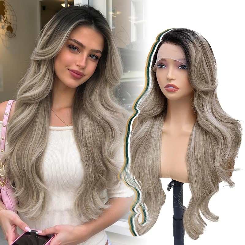 Rooted Silver Layered Wave 13x4 Synthetic Lace Front Wig for Women 28 Inch