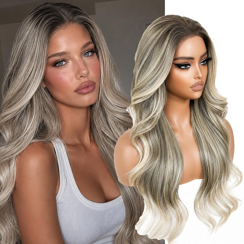 Ash Beige Layered Wave 13x4 Synthetic Lace Front Wig for Women 28 Inch