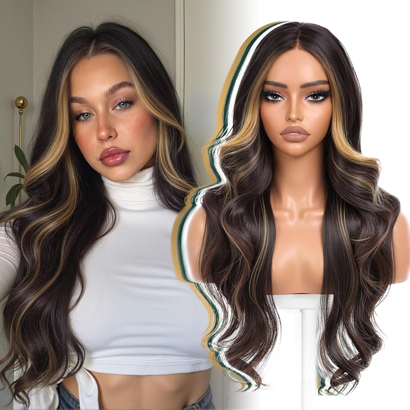 Caramel Highlight Layer Wave 13x4 Synthetic Lace Front Wig for Women 28Inch