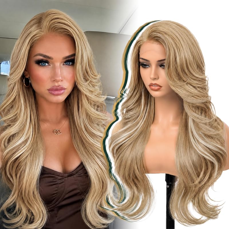 Beige Highlight Layer Wave 13x4 Synthetic Lace Front Wig for Women 28 Inch