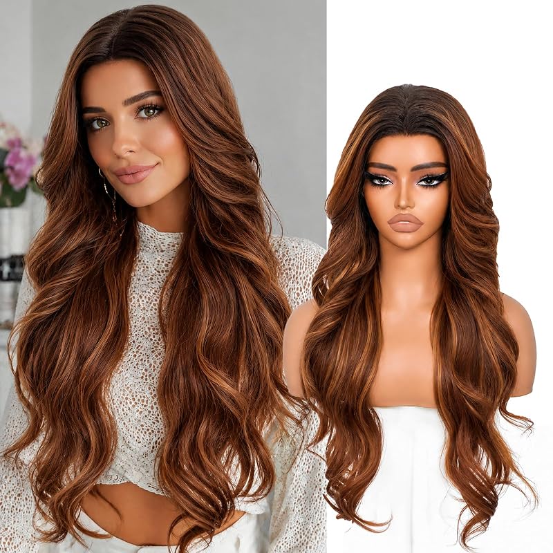 Auburn Brown Layer Wave 13x4 Synthetic Lace Front Wig for Women 28 Inch