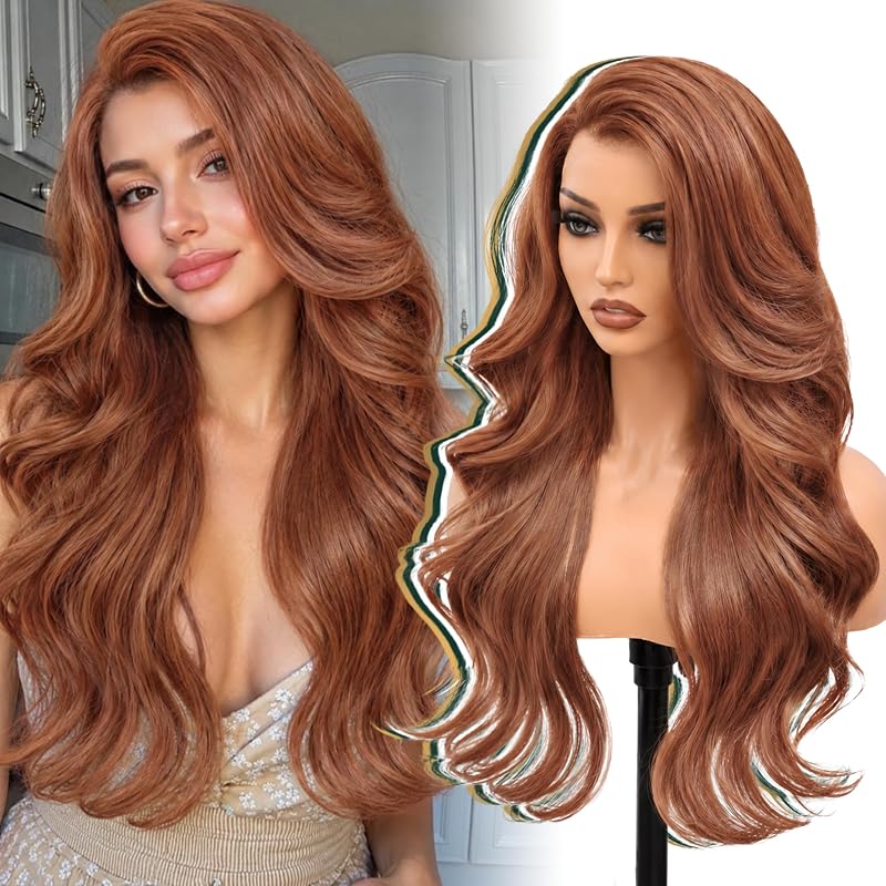 BUPPLER Auburn Layered Wave 13x4 Synthetic Lace Front Wig for Women 28 Inch