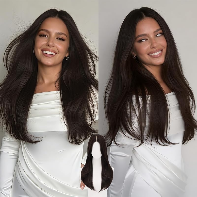 WECAN 22 Inch Brown Layered Wig for Women 4x4 Realistic Scalp Free Parting