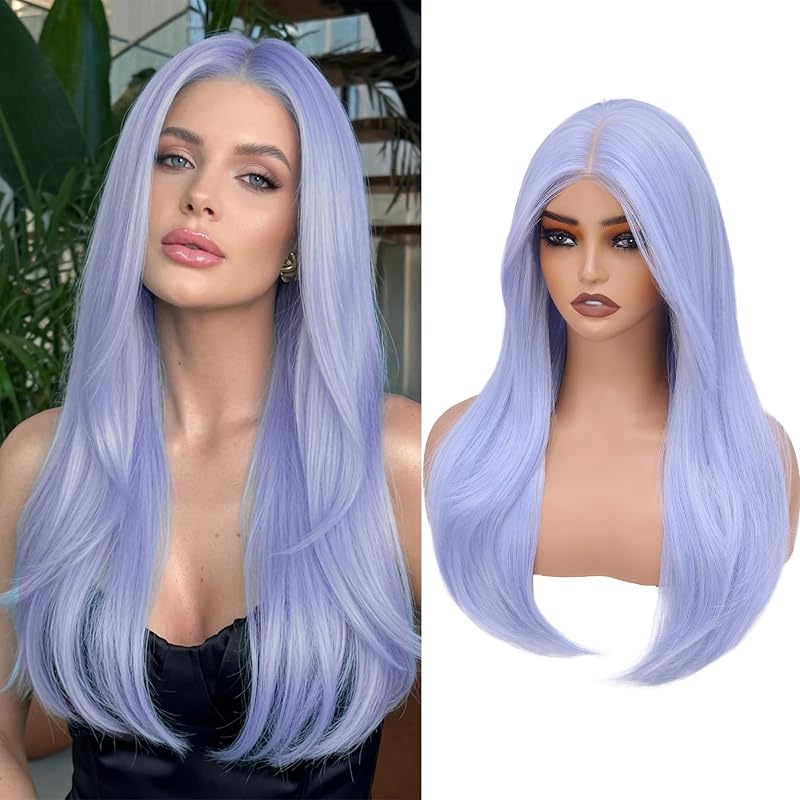 WECAN 24 Inch Blue Layered Wig for Women 4x4 Realistic Scalp Free Parting