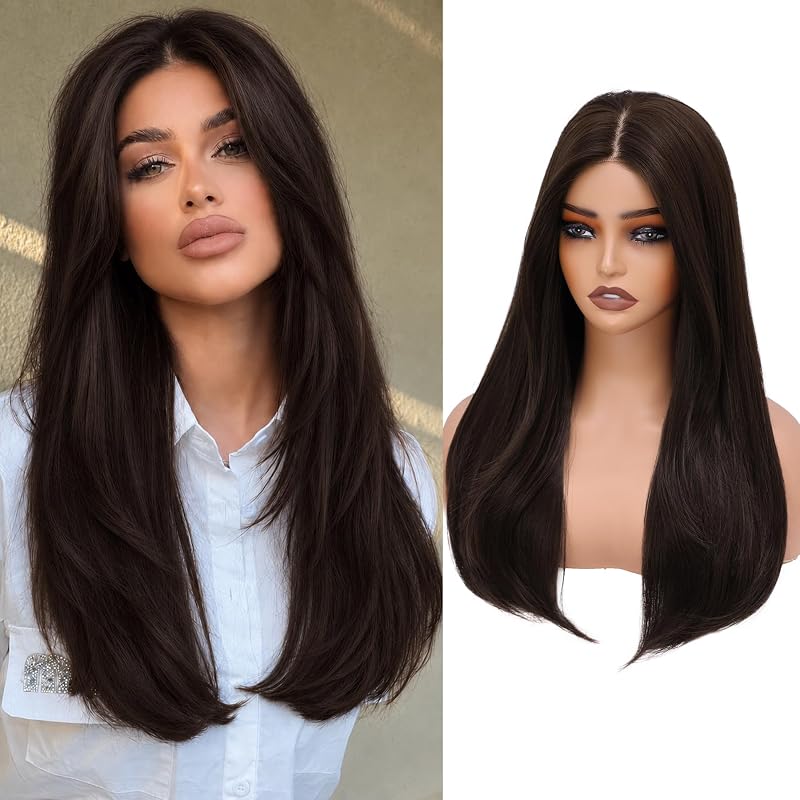 WECAN 24 Inch Brown Layered Wig for Women 4x4 Realistic Scalp Free Parting