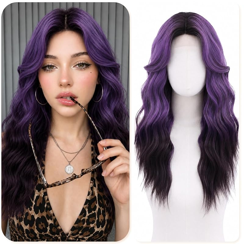 BUPPLER Dark Purple Wigs for Women 22 Inch Middle Part Wavy Synthetic Wig