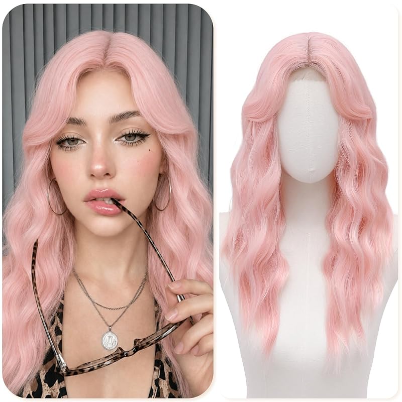 BUPPLER Sakura Pink Wigs for Women 22 Inch Middle Part Wavy Synthetic Wig