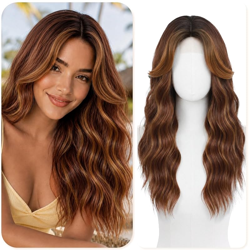 Auburn Caramel Brown Wigs for Women 22 Inch Middle Part Wavy Synthetic Wig