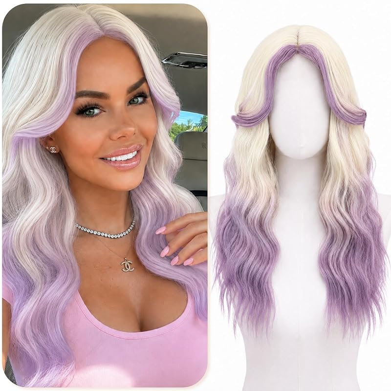 BUPPLER Blonde Purple Wigs for Women 22 Inch Middle Part Wavy Synthetic Wig