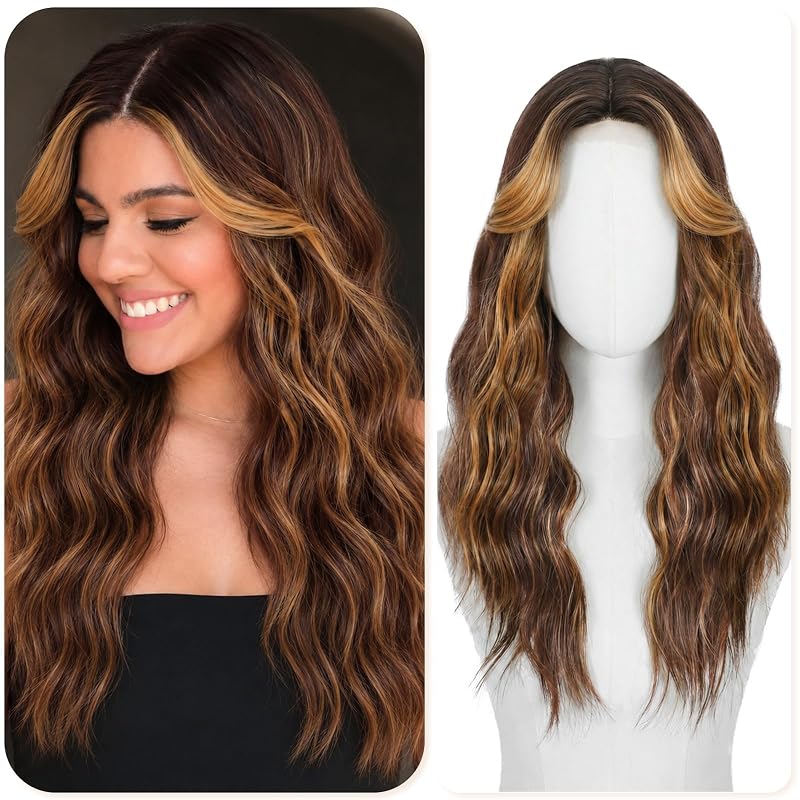 Caramel Highlight Wigs for Women 22 Inch Middle Part Wavy Synthetic Wig