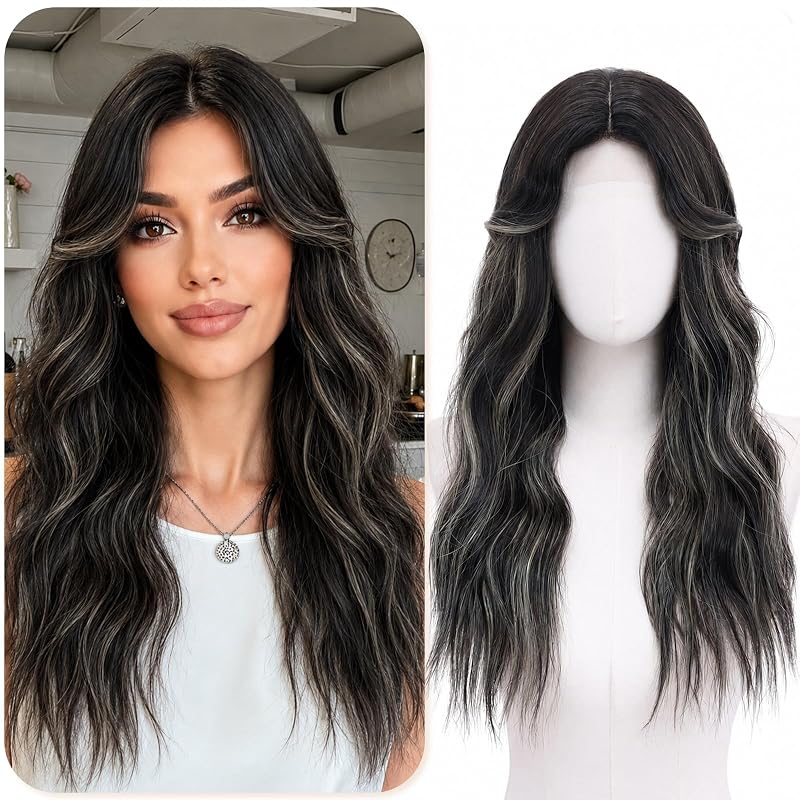 Balayage Highlight Wigs for Women 22 Inch Middle Part Wavy Synthetic Wig