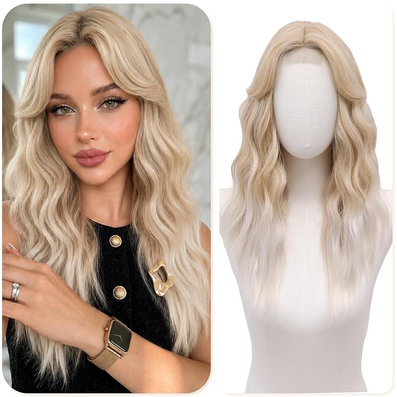 BUPPLER Blonde Wigs for Women 22 Inch Middle Part Wavy Synthetic Wig