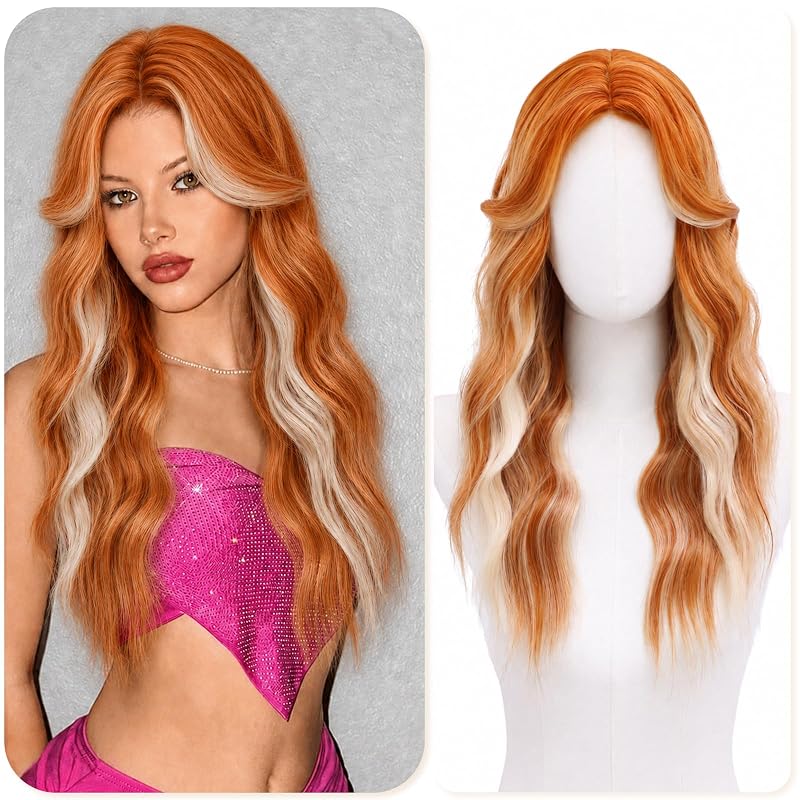 Auburn with Blonde Wigs for Women 22 Inch Middle Part Wavy Synthetic Wig