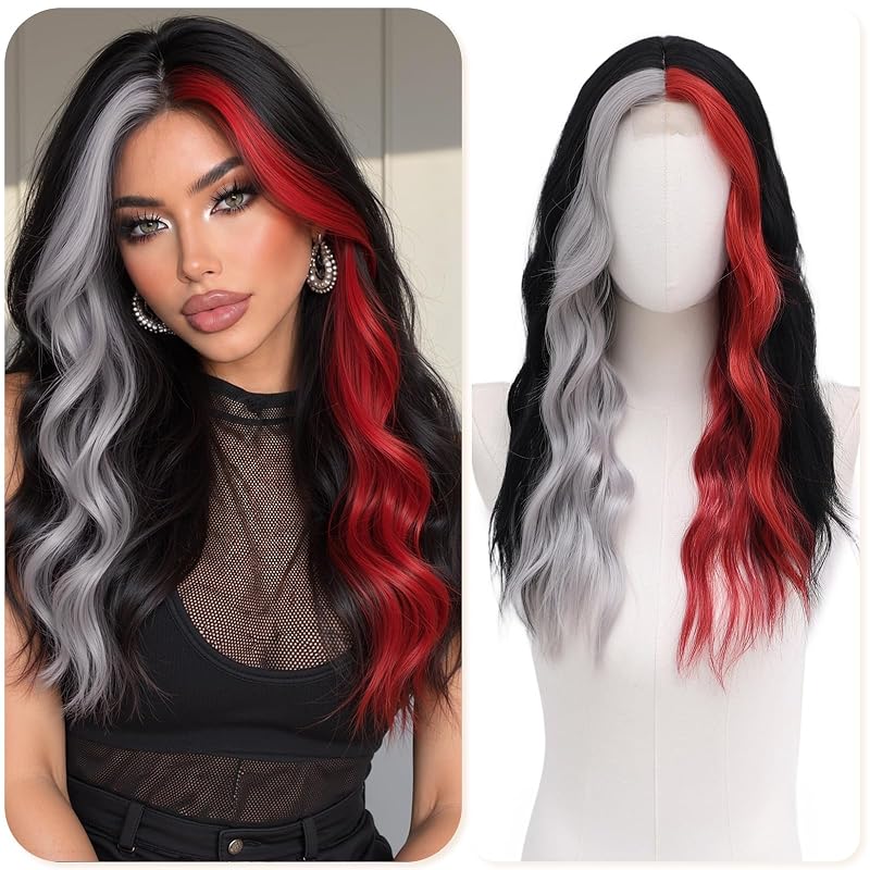 Black Gray Red Wigs for Women 22 Inch Middle Part Wavy Synthetic Wig