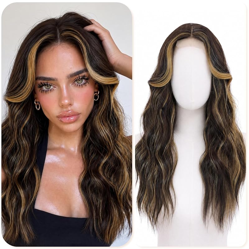 Highlight Ombre Wigs for Women 22 Inch Middle Part Wavy Synthetic Wig