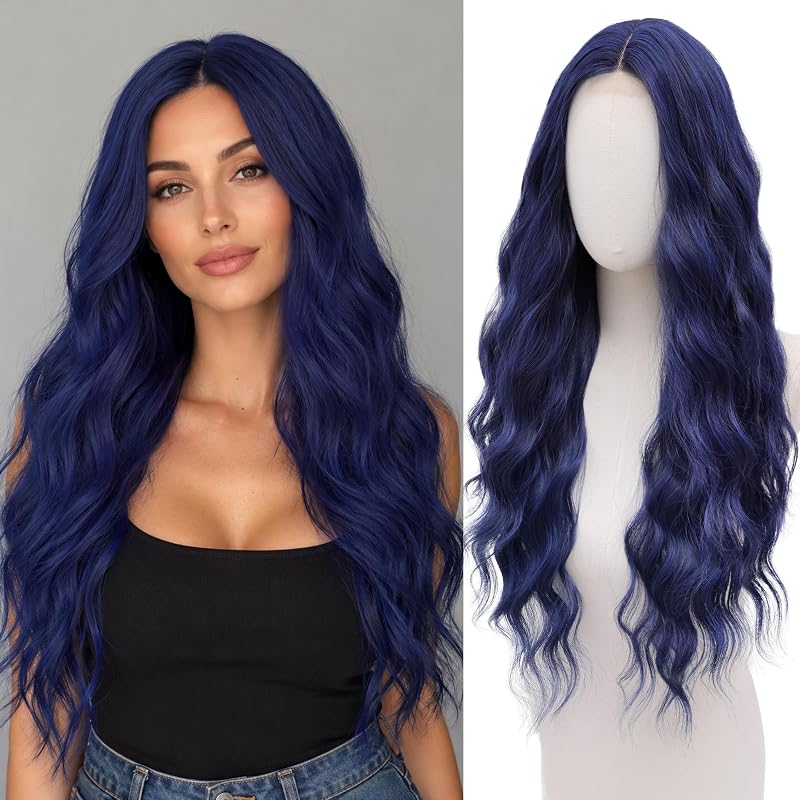Cosplay Long Dark Blue Wig 28 Inch Middle Part Synthetic Wigs for Women