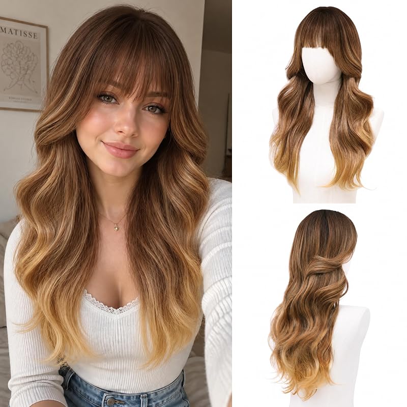 Brown Honey Melt Wig with Bangs for Women 24 Inch Long Wavy Synthetic Hair
