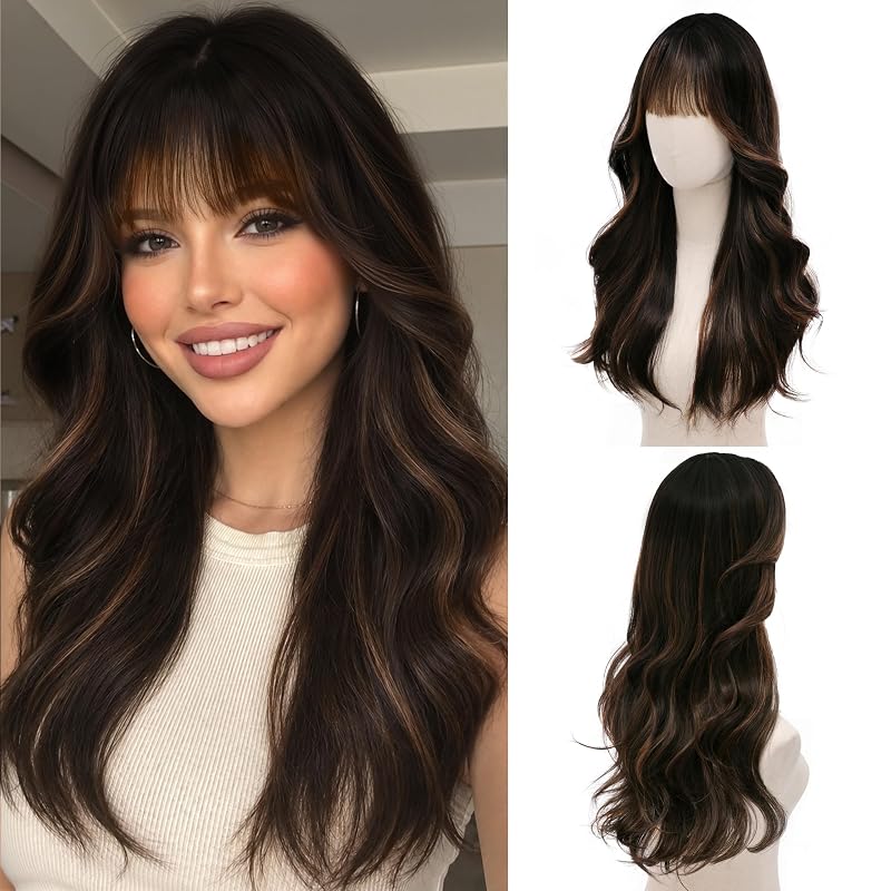 Mocha Honey Melt Wig with Bangs for Women 24 Inch Long Wavy Synthetic Hair