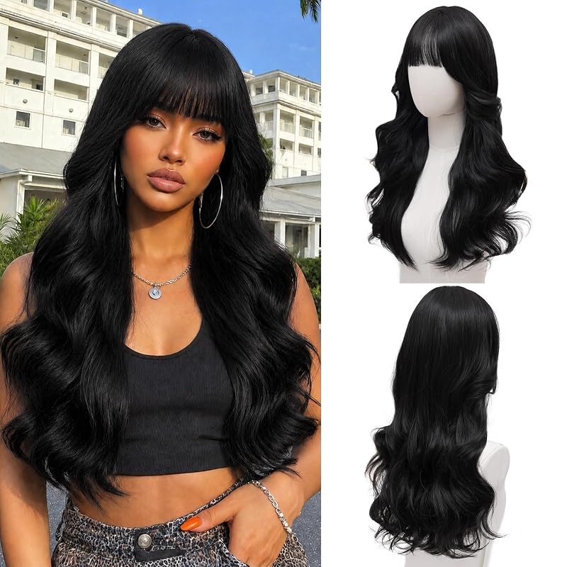 Natural Black Wig with Bangs for Women 24 Inch Long Wavy Synthetic Hair