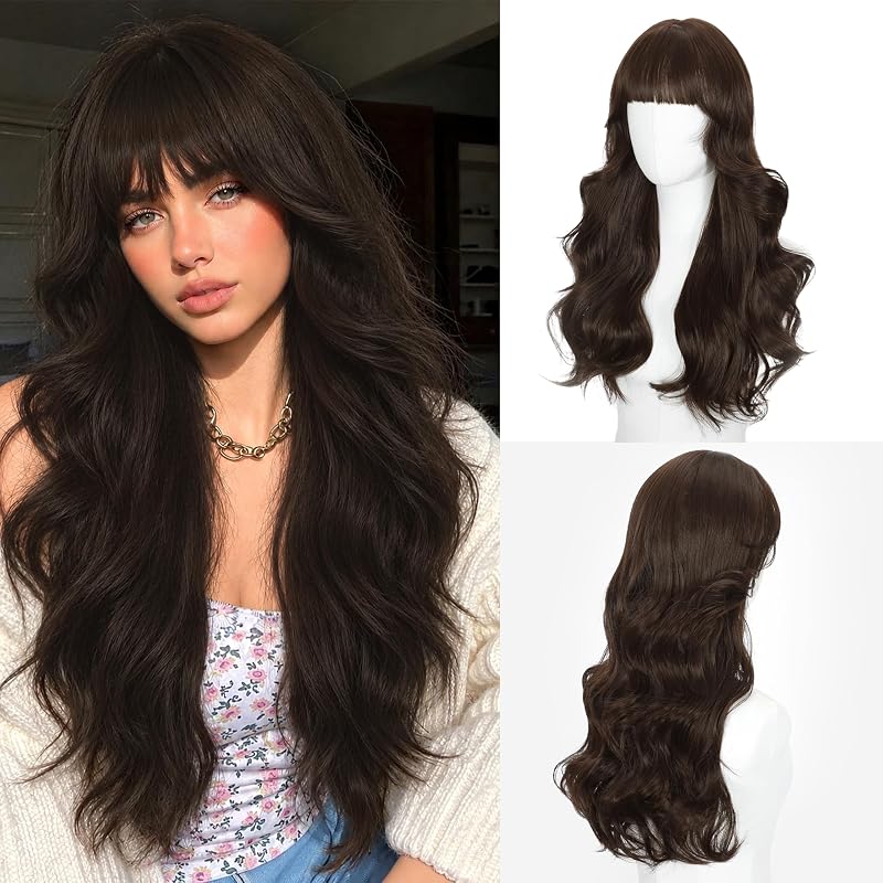 Dark Brown Wig with Bangs for Women 24 Inch Long Wavy Synthetic Hair