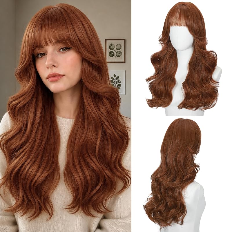 DZFAYESM Auburn Wig with Bangs for Women 24 Inch Long Wavy Synthetic Hair