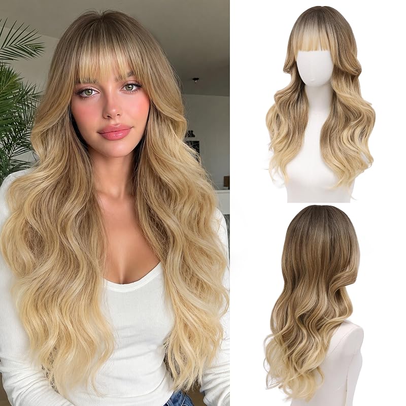 Ombre Blonde Wig with Bangs for Women 24 Inch Long Wavy Synthetic Hair